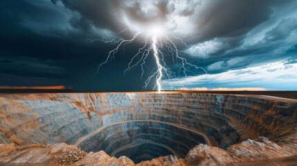 An open-pit mine during a thunderstorm, with dramatic clouds and lightning, high-resolution photo, realistic photo, cinematography, hyper realistic