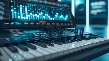 Digital 3D music studio with interactive holograms, 3D background music, advanced and innovative, high-resolution photo, realistic photo, cinematography, hyper realistic