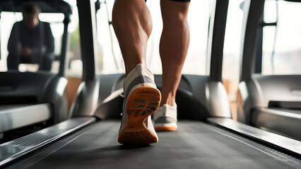 Close-up of man feet on a treadmill running at the gym or at home
