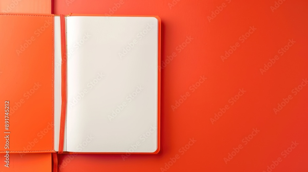 Poster an open notebook with blank pages placed on an orange background. the image emphasizes the clean and