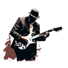 generated illustration painting of African American jazz musician blues club guitarist.