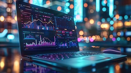 A laptop with a screen displaying a website, in the background of the graphics are visible digital calculations and a large digital clock counting down. Generative AI.