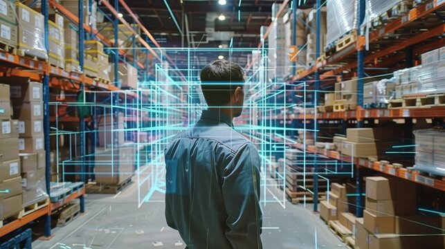 Man Walking Through Warehouse with Digital Overlay