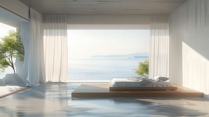 Fototapeta premium Minimalist modern interior design of a living room with floor-to-ceiling windows and a sea view, a wooden bed in front of the window, minimalist home decor. Generative AI.