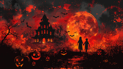 Haunted Halloween Night With Glowing Pumpkins and Blood Moon