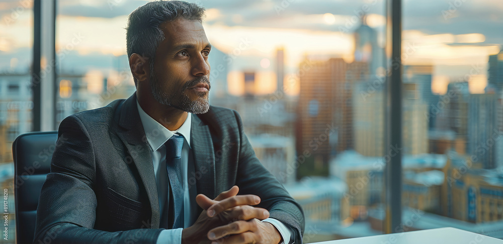 Poster a man in a suit sits at a sleek, modern desk, his hands clasped together, his expression thoughtful 
