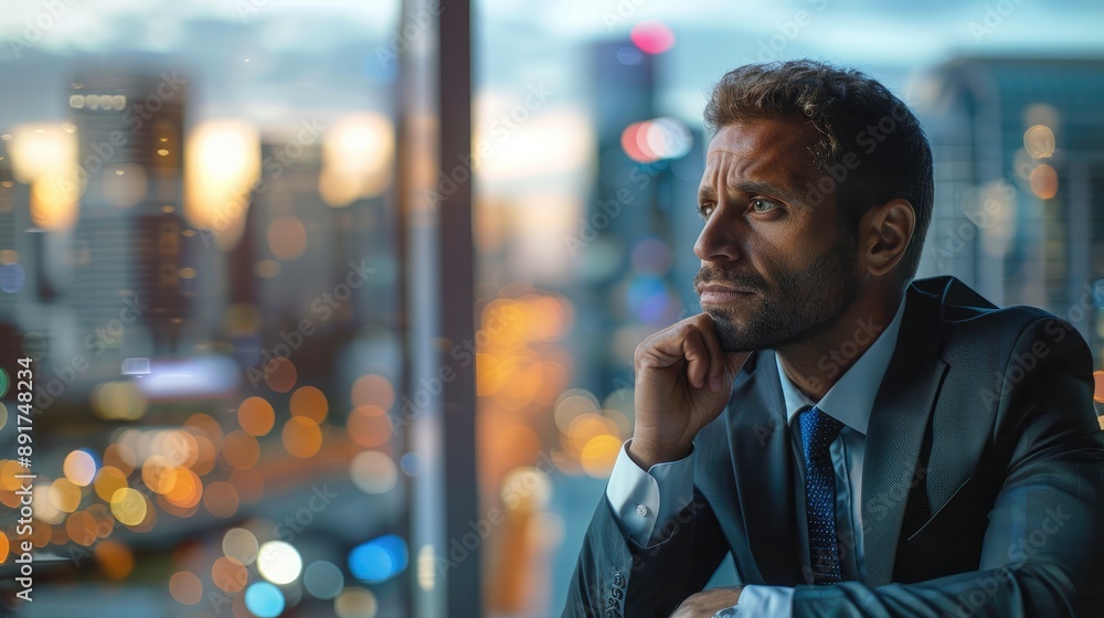 Poster a man in a suit sits at a sleek, modern desk, his hands clasped together, his expression thoughtful 