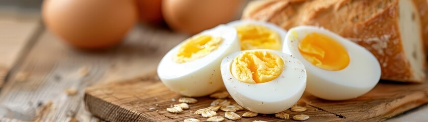 Close-up of boiled eggs and whole wheat bread on a rustic wooden table, balanced breakfast,