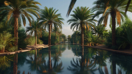  Desert oasis with palm trees and reflecting pool