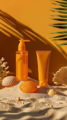 Two sunscreen bottles mockup on sand with shells. Summer concept