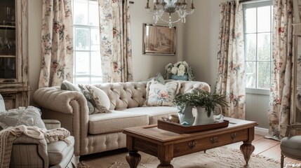 A cozy living room with a French country style