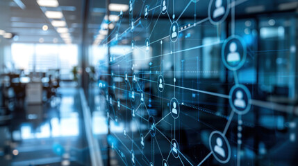 Fototapeta premium Modern office interior featuring a digital network interface, symbolizing connectivity and data exchange in a corporate environment.