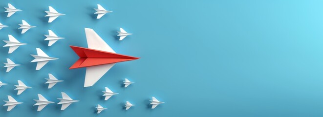 Clay animation, a paper plane leading among many white planes on a blue background