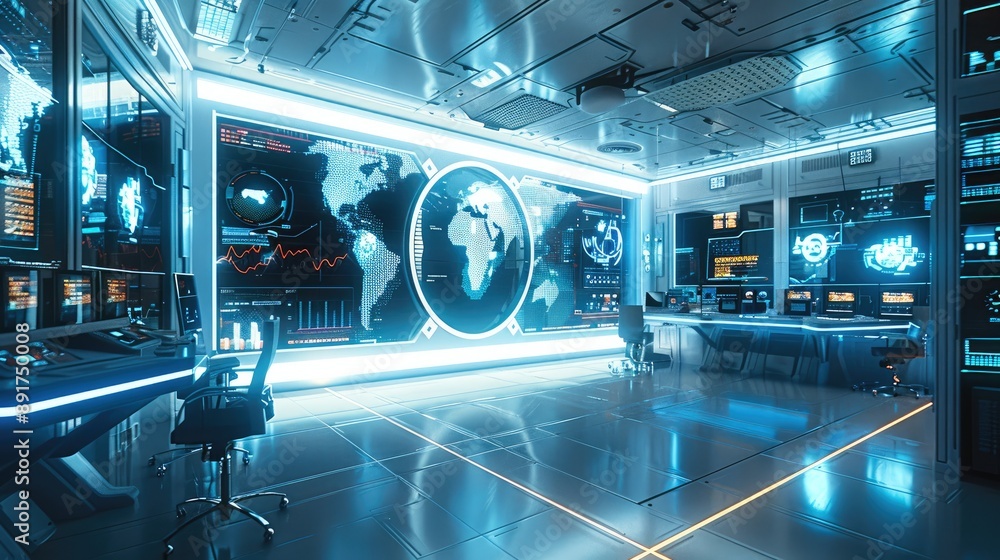 Poster a high-tech office space with advanced holographic displays and digital interfaces. generative ai.
