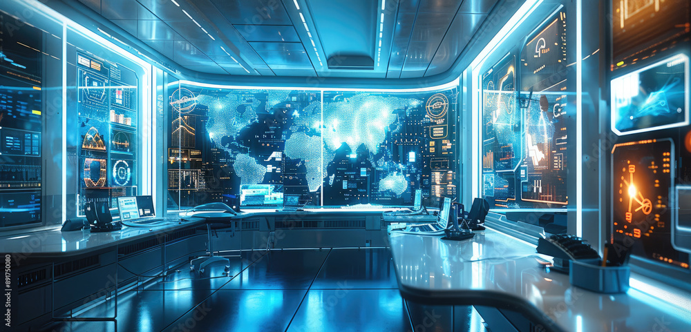 Poster a high-tech office space with advanced holographic displays and digital interfaces. generative ai.