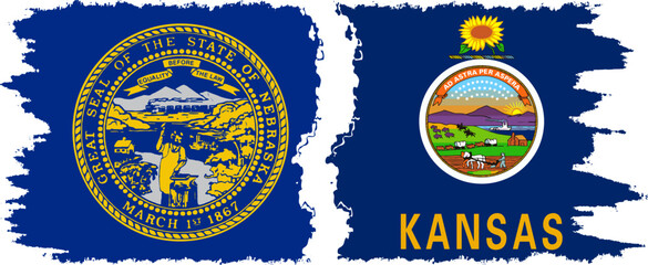 Kansas and Nebraska states grunge brush flags connection, vector