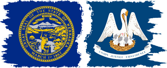 Louisiana and Nebraska states grunge brush flags connection, vector