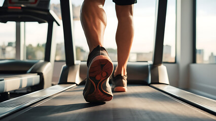 Close-up of man feet on a treadmill running at the gym or at home