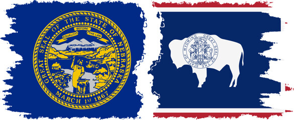 Wyoming and Nebraska states grunge brush flags connection, vector