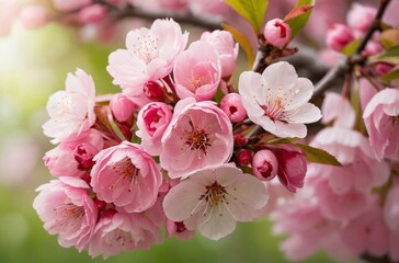 Obraz premium Cluster of vibrant pink cherry blossoms in full bloom showcasing intricate petals and delicate beauty