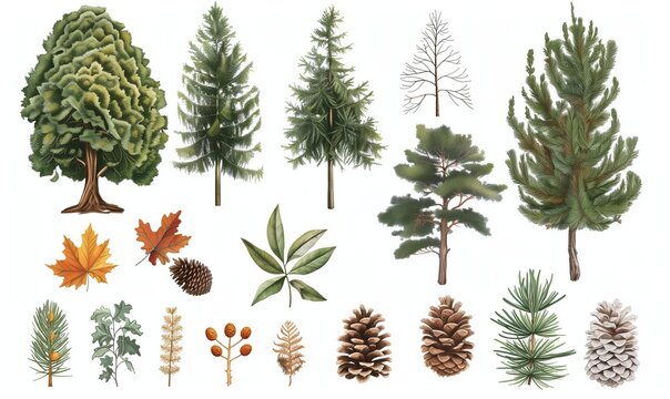 Questa illustrazione botanica dettagliata mostra vari alberi, foglie, pigne e ramoscelli su sfondo bianco.