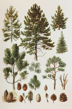 Questa illustrazione botanica dettagliata mostra vari alberi, foglie, pigne e ramoscelli su sfondo bianco.