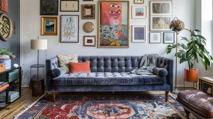 A cozy living room with an eclectic mix