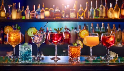  A collection of vibrant cocktails in various glasses, their reflections mirrored on the shin