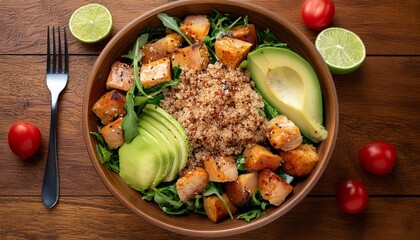 A healthy salad bowl filled with quinoa, ripe tomato chunks, grilled chicken, avocado, lime,