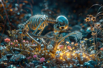 A skeleton sits with a watering can in the middle of a flower field, rays of light fall on it.