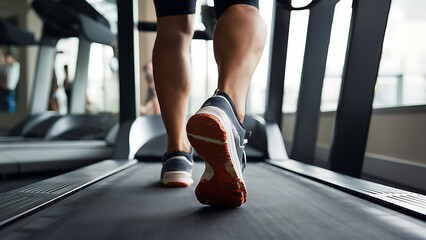 Close-up of man feet on a treadmill running at the gym or at home