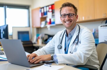 doctor sitting at his desk with a laptop, smiling and wearing a white coat and stethoscope in a medical office