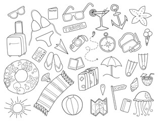 Hand drawn Set of travel Summer Vacation elements, luggage, map, suitcase, sea star. Doodle sketch style. Travel Illustration for banner, background, icon, logo design. Summertime Concept.
