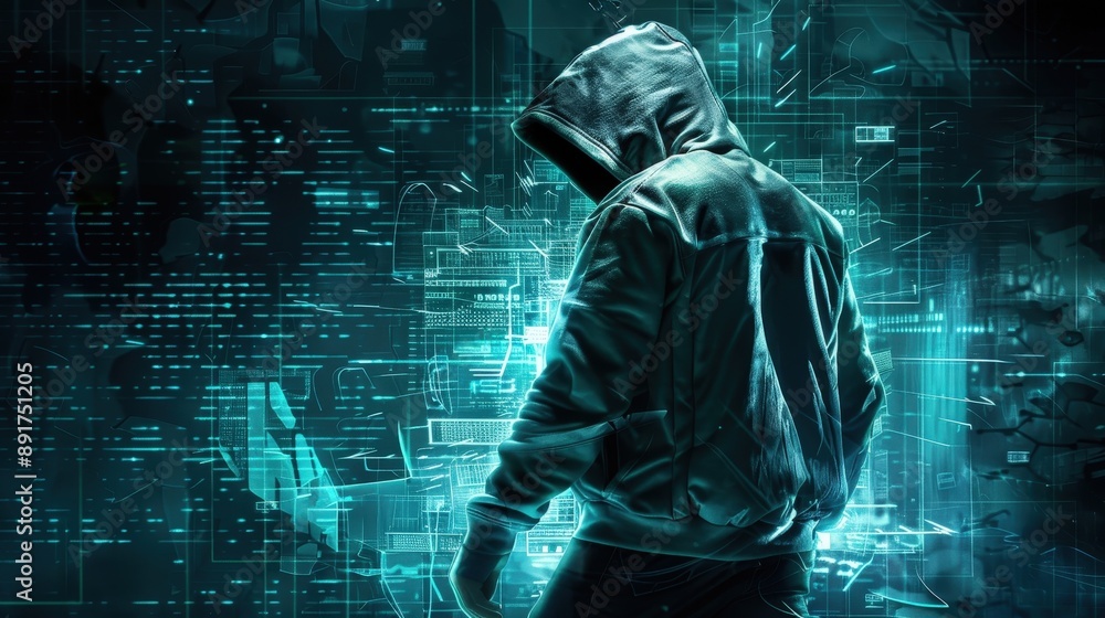 Poster a hooded figure stands in front of a digital screen, attempting to access a secure system with advan