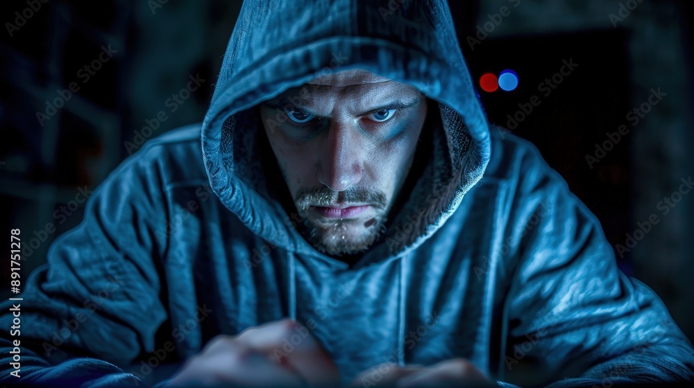 Poster a hooded hacker, with a serious expression, is working on a computer in a dimly lit room