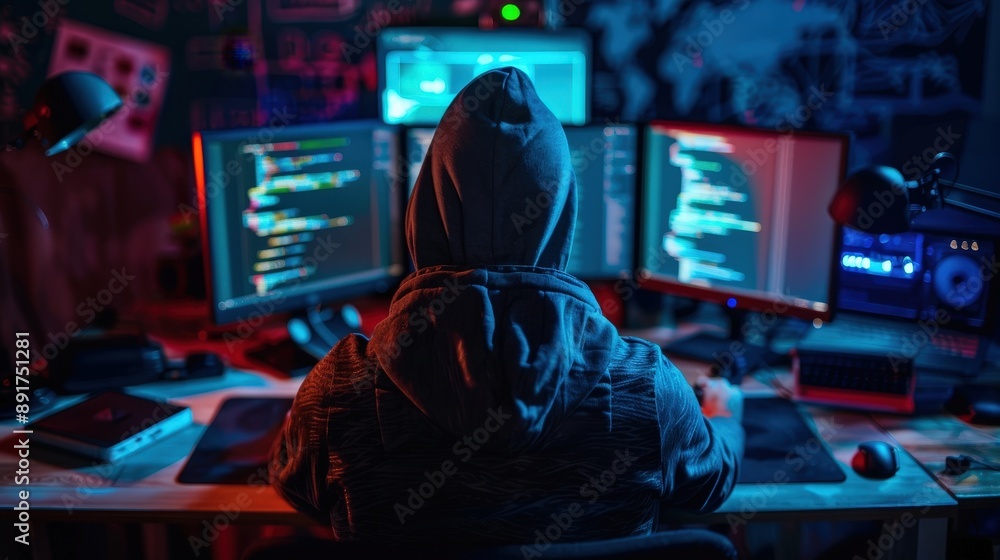 Poster a hooded figure sits at a desk in a dimly lit room, facing three computer monitors displaying code. 
