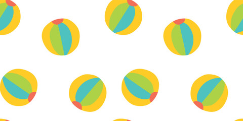 Seamless beach ball repeating background pattern. Flat Summer Toy in colors of blue, green, yellow Isolated on white background. Cartoon Vector Template Illustration for Fabric And Textile Print.