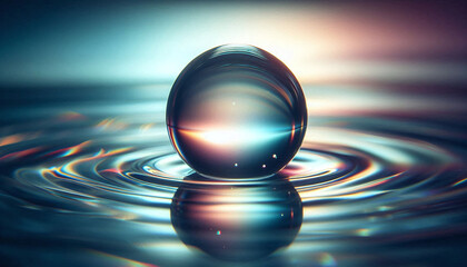 Crystal glass ball placed on water surface with iridescent gradient