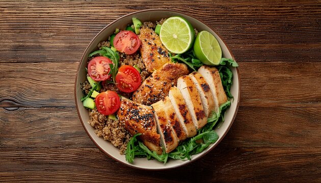 A wholesome salad bowl with a bed of quinoa, ripe tomato chunks, sliced grilled chicken, avo