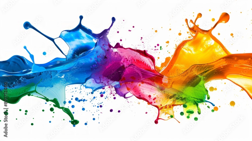 Poster create a splash background with vibrant rainbow-colored paint splatters, dynamically arranged on a s
