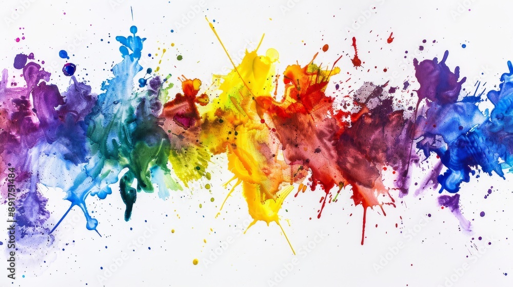 Poster create a splash background with vibrant rainbow-colored paint splatters, dynamically arranged on a s