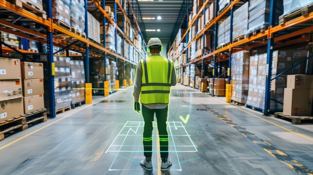 Warehouse Worker Inspecting Inventory with Digital Overlay