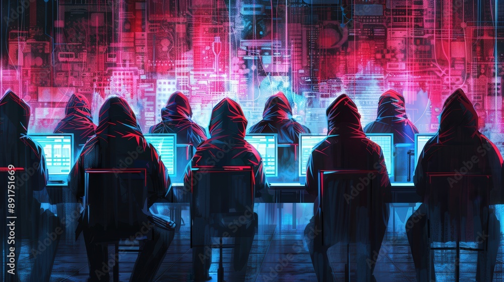 Poster a group of hackers, wearing dark hoodies, sit in front of computer screens, using advanced technolog