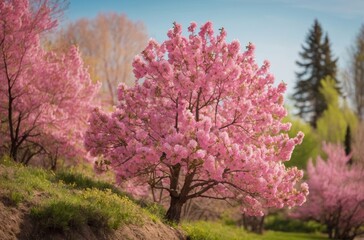 Vibrant pink cherry blossom tree stands out against backdrop of green foliage and soft blue sky