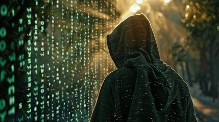 A shadowy figure wearing a hooded sweatshirt stands before a digital wall of code in a forest, with the sun setting behind them