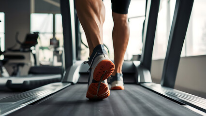 Close-up of man feet on a treadmill running at the gym or at home