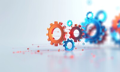 Gears and cogs in motion on a white background with digital tech elements, representing the concept