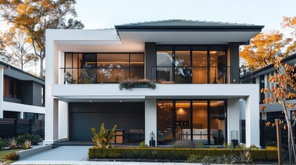 Two-story house in a light white and dark bronze style. Generative AI.