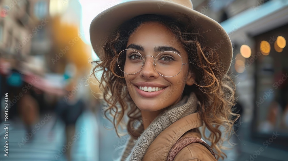 Canvas Prints Stylish smiling woman standing on city street. Generative AI.