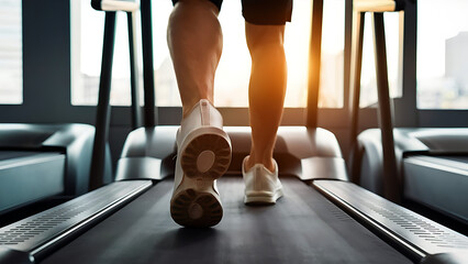 Close-up of man feet on a treadmill running at the gym or at home